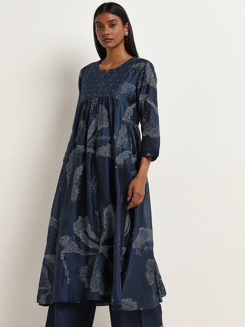 zuba by westside indigo flower fit-and-flare kurta with camisole set