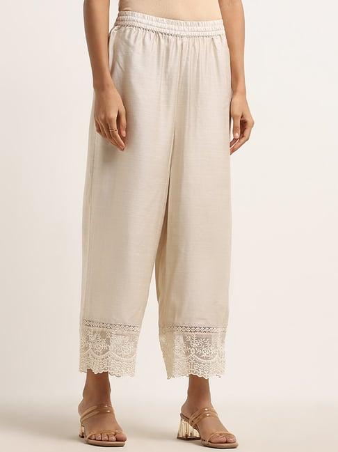 zuba by westside light beige embroidered mid-rise cotton palazzos