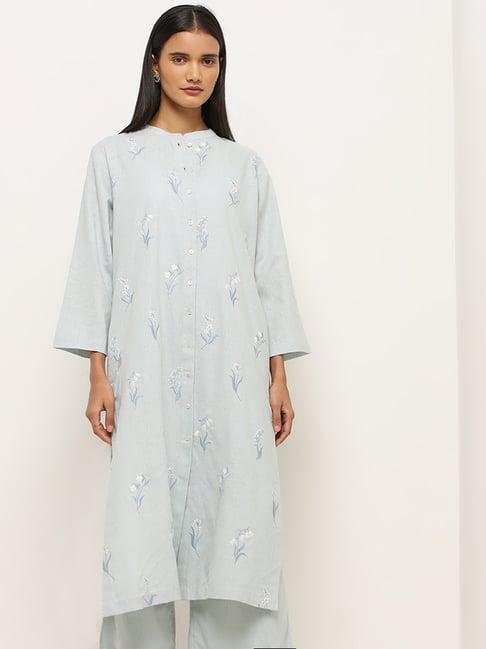 zuba by westside light blue floral embroidered a-line cotton kurta