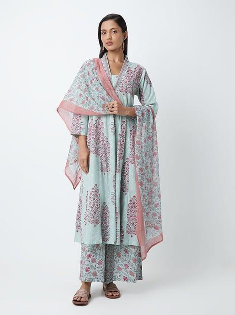 zuba by westside light teal floral-patterned a-line kurta