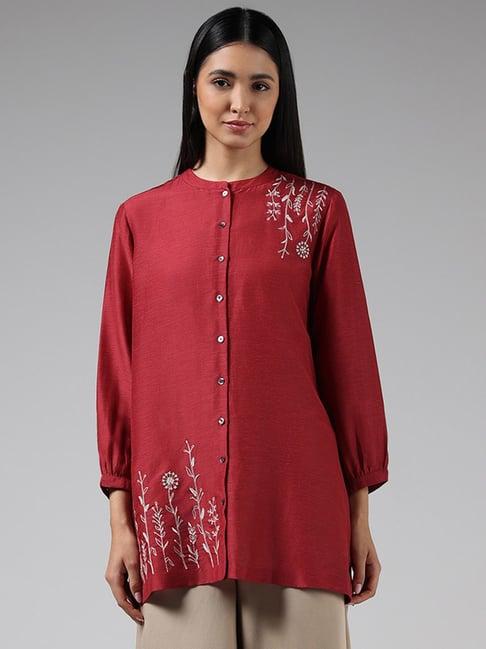 zuba by westside maroon floral embroidered buttoned down kurti