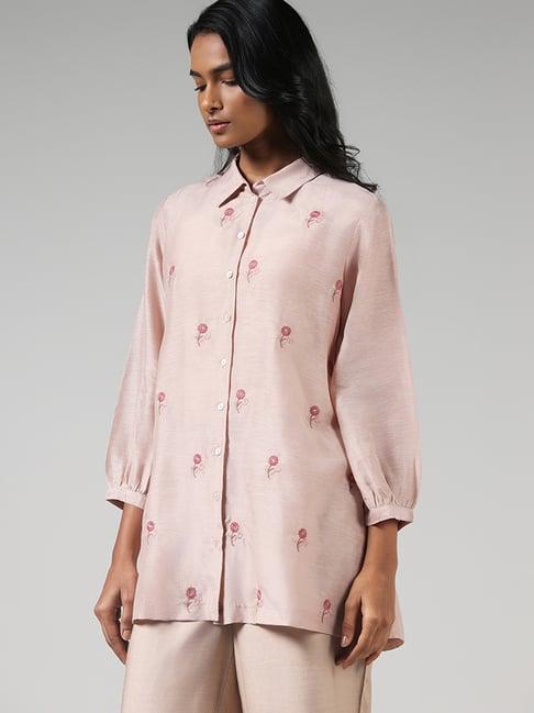 zuba by westside nude pink floral embroidered buttondown kurti