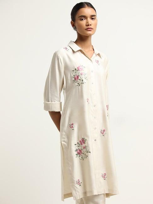 zuba by westside off-white a-line floral embroidered kurta