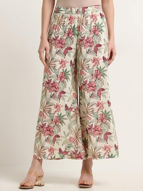 zuba by westside off-white mid rise floral palazzos