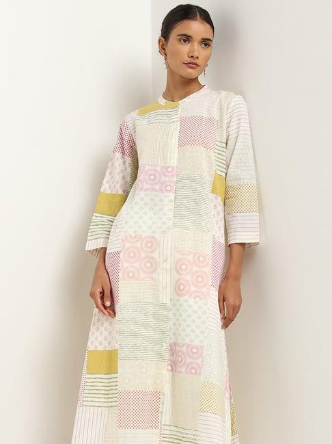 zuba by westside off-white printed blended linen patchwork kurta