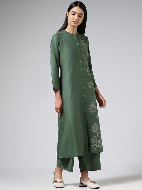 zuba by westside olive floral printed buttoned down kurta