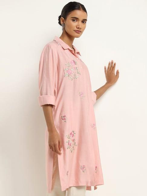 zuba by westside pink a-line floral embroidered kurta