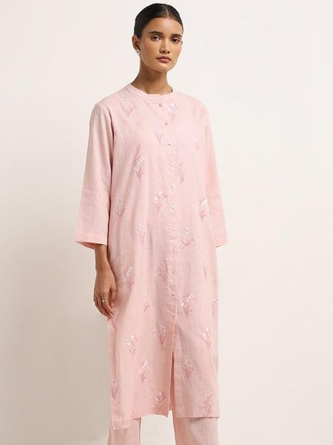 zuba by westside pink floral embroidered a-line cotton kurta