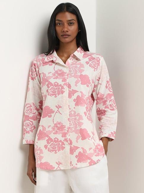 zuba by westside pink rose pattern straight cotton tunic