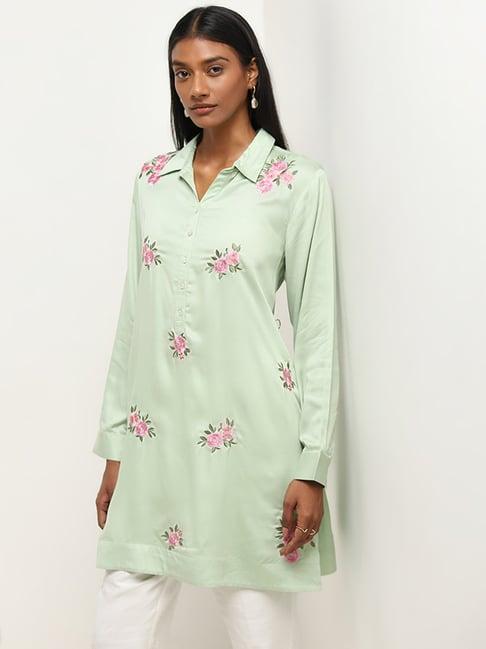 zuba by westside sage green floral embroidered a-line cotton kurti