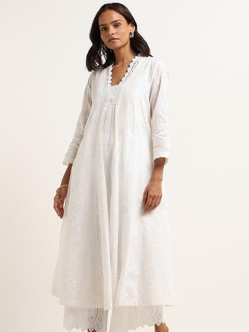 zuba by westside white embroidered lace hem kurta with camisole