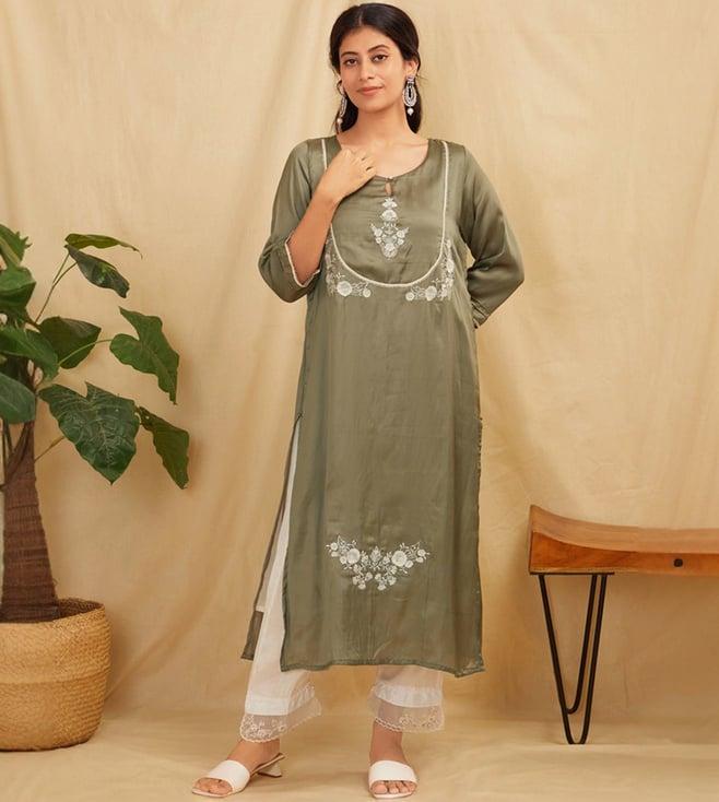 zuri grey zareen embroidered satin silk kurta with pants