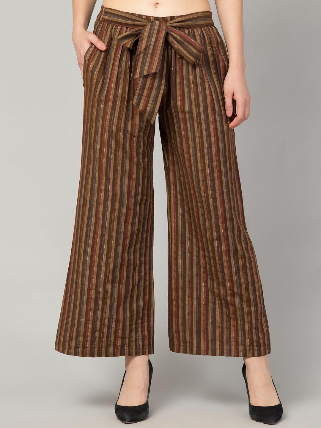 zuvino women brown striped smart easy wash pleated trousers