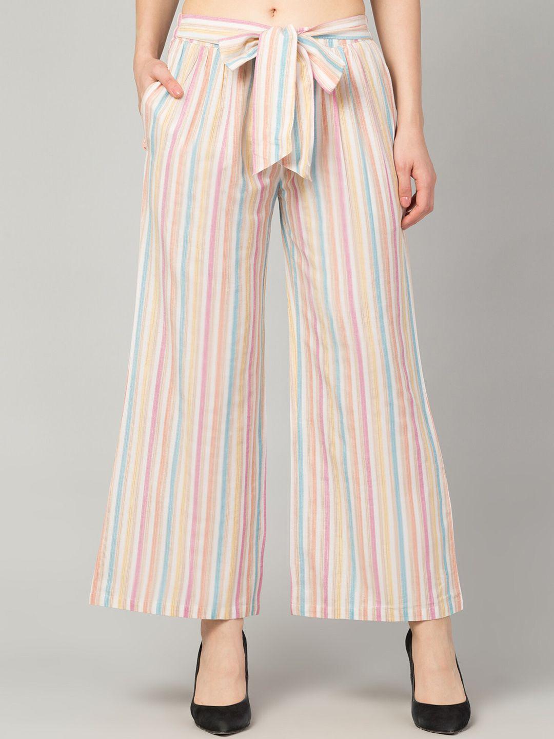 zuvino women off white striped smart easy wash trousers