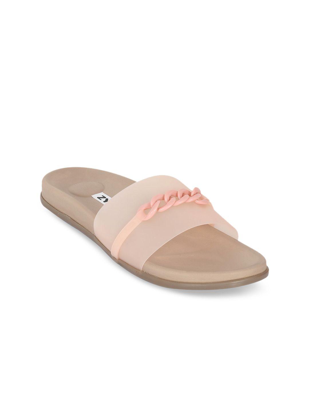 zyla women peach-coloured printed open toe flats