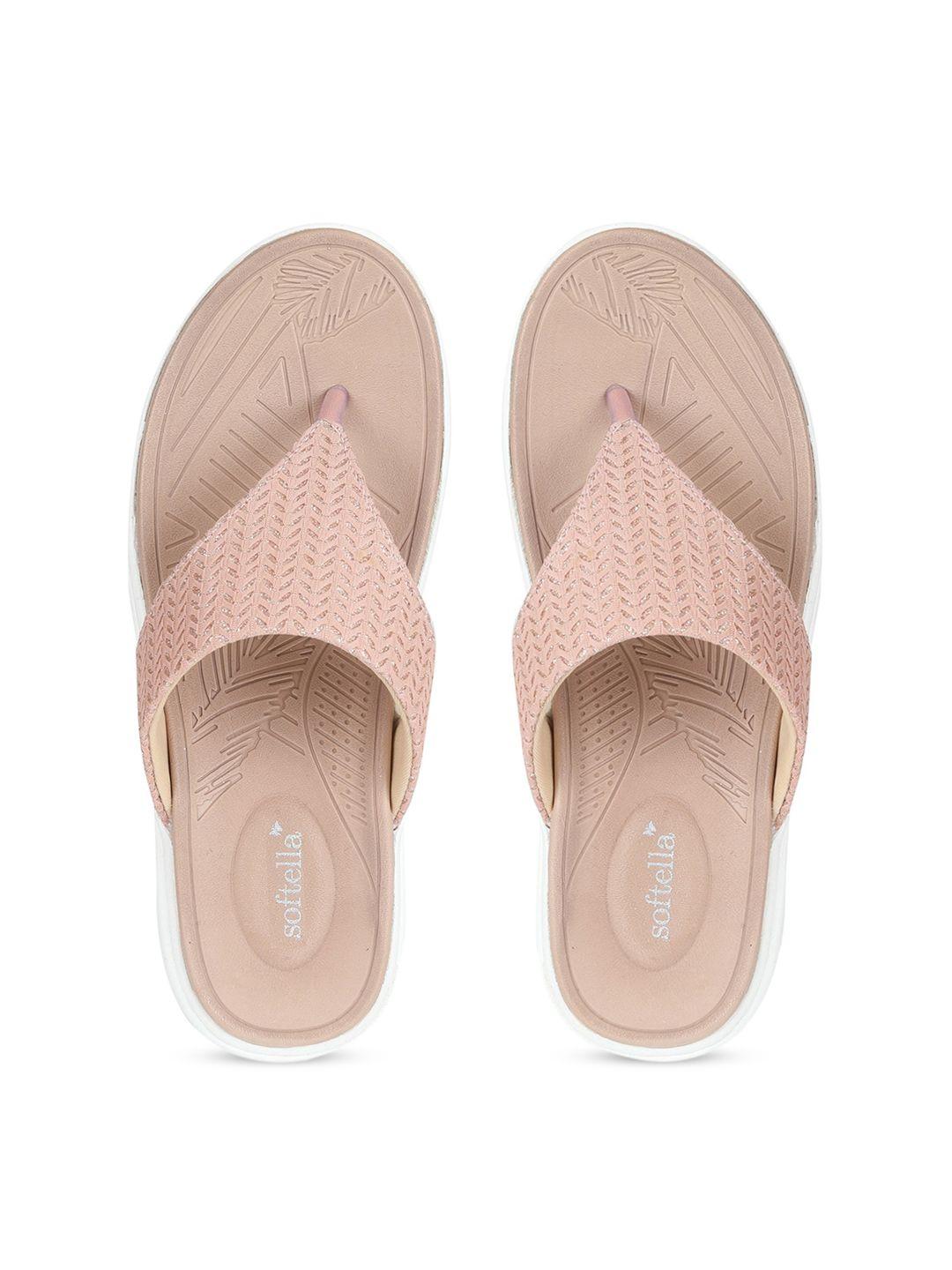 zyla women peach-coloured textured t-strap flats