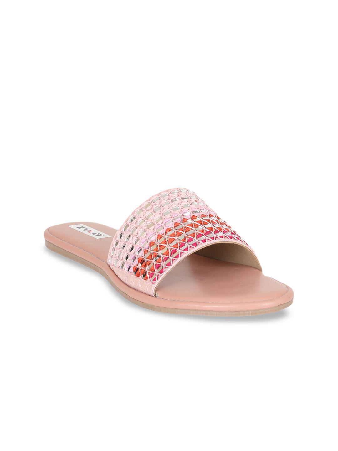 zyla women pink & peach-coloured embellished open toe flats