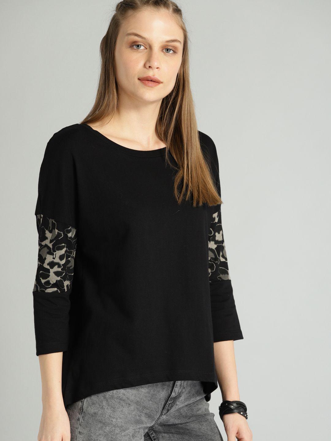 roadster-women-black-solid-round-neck-pure-cotton-t-shirt