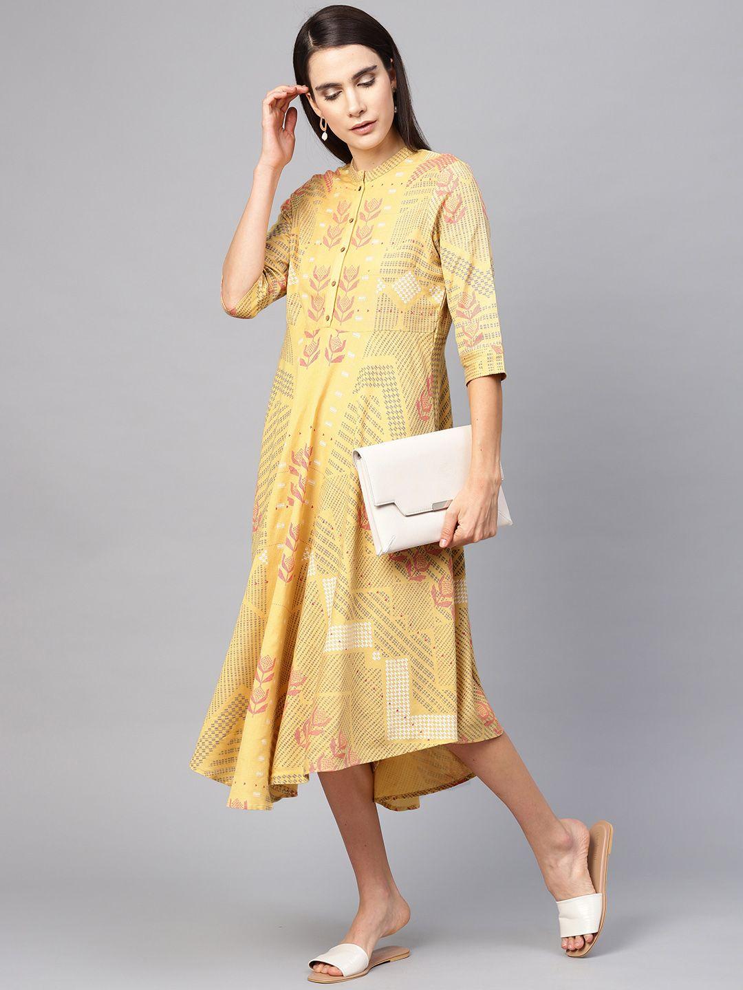 w-women-yellow-&-pink-printed-a-line-dress