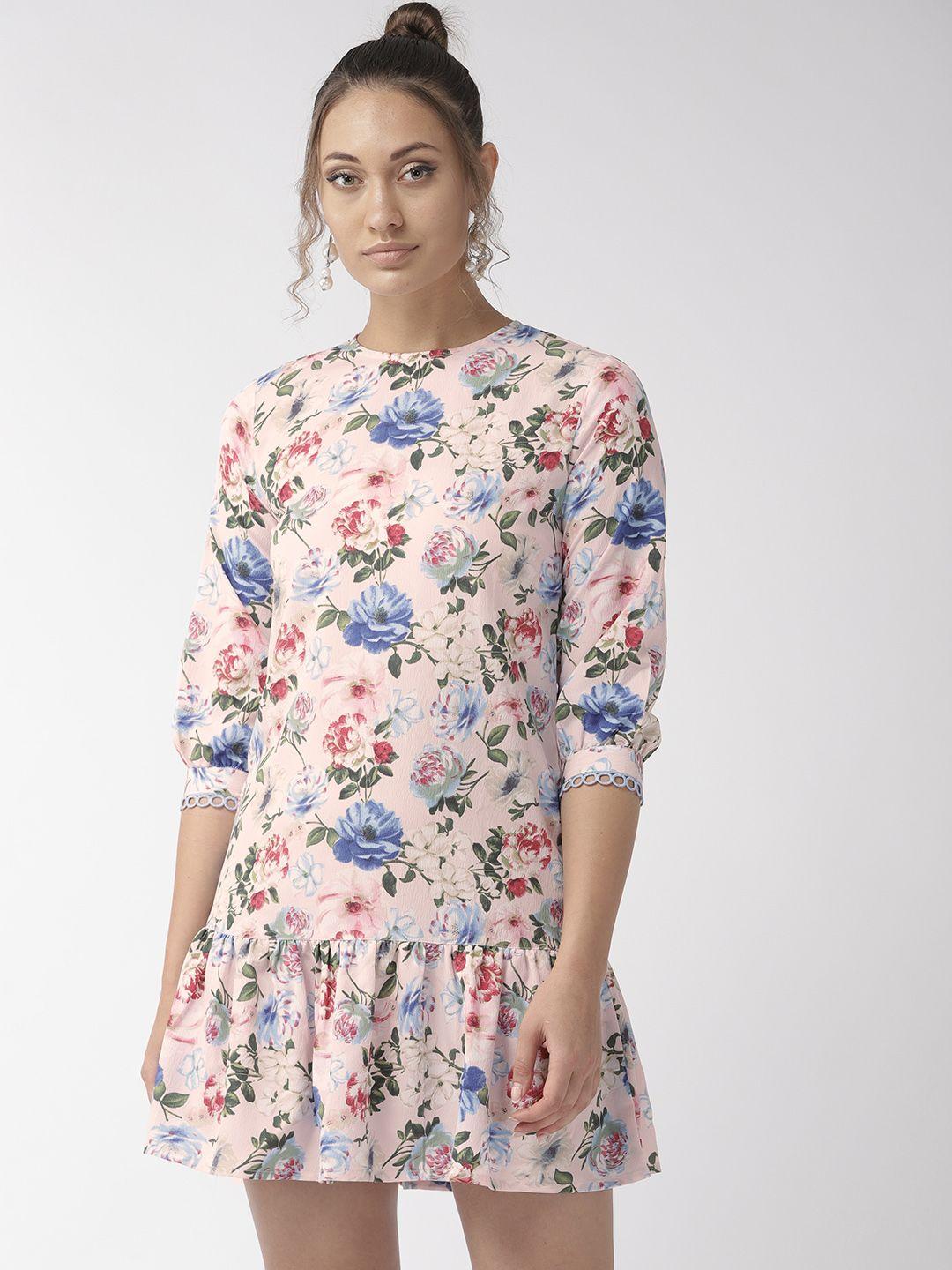 style-quotient-women-pink-&-blue-floral-printed-drop-waist-dress