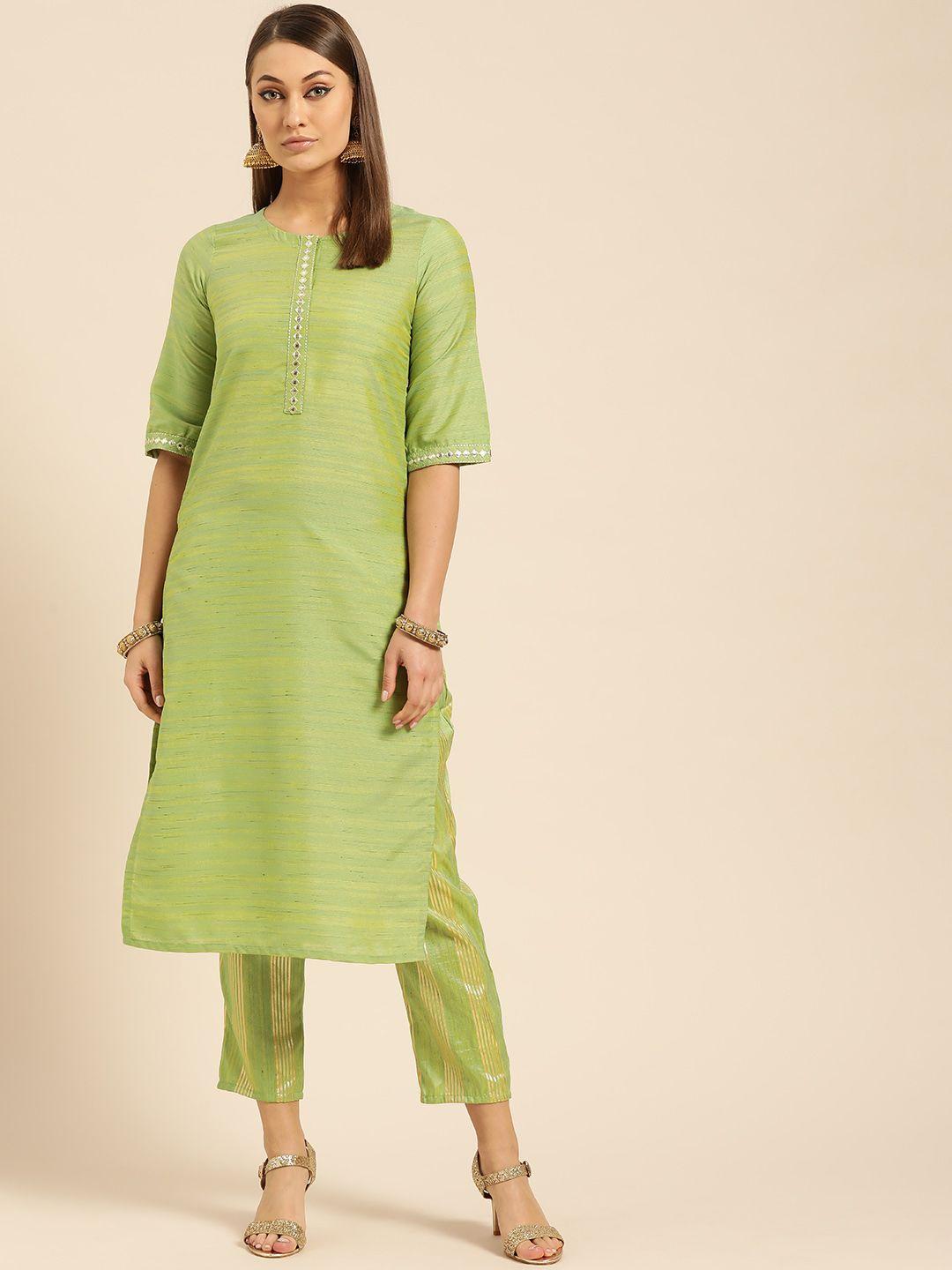 libas-women-green-&-golden-self-design-kurta-with-trousers