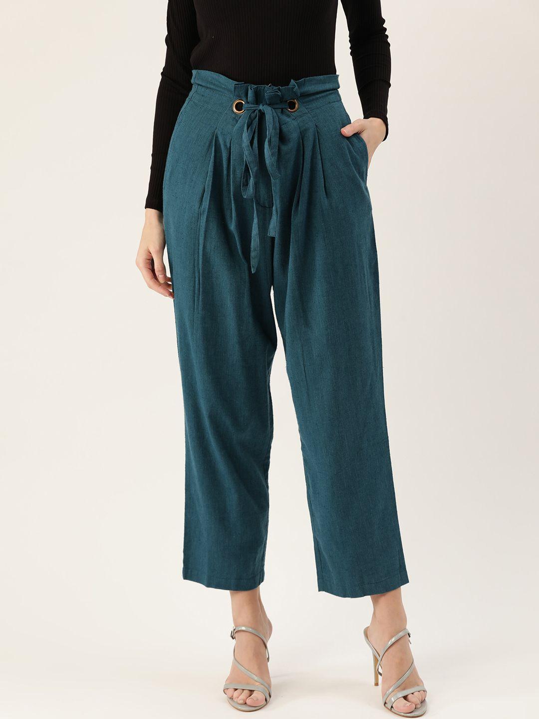 quiero-women-teal-blue-loose-fit-solid-regular-cropped-trousers