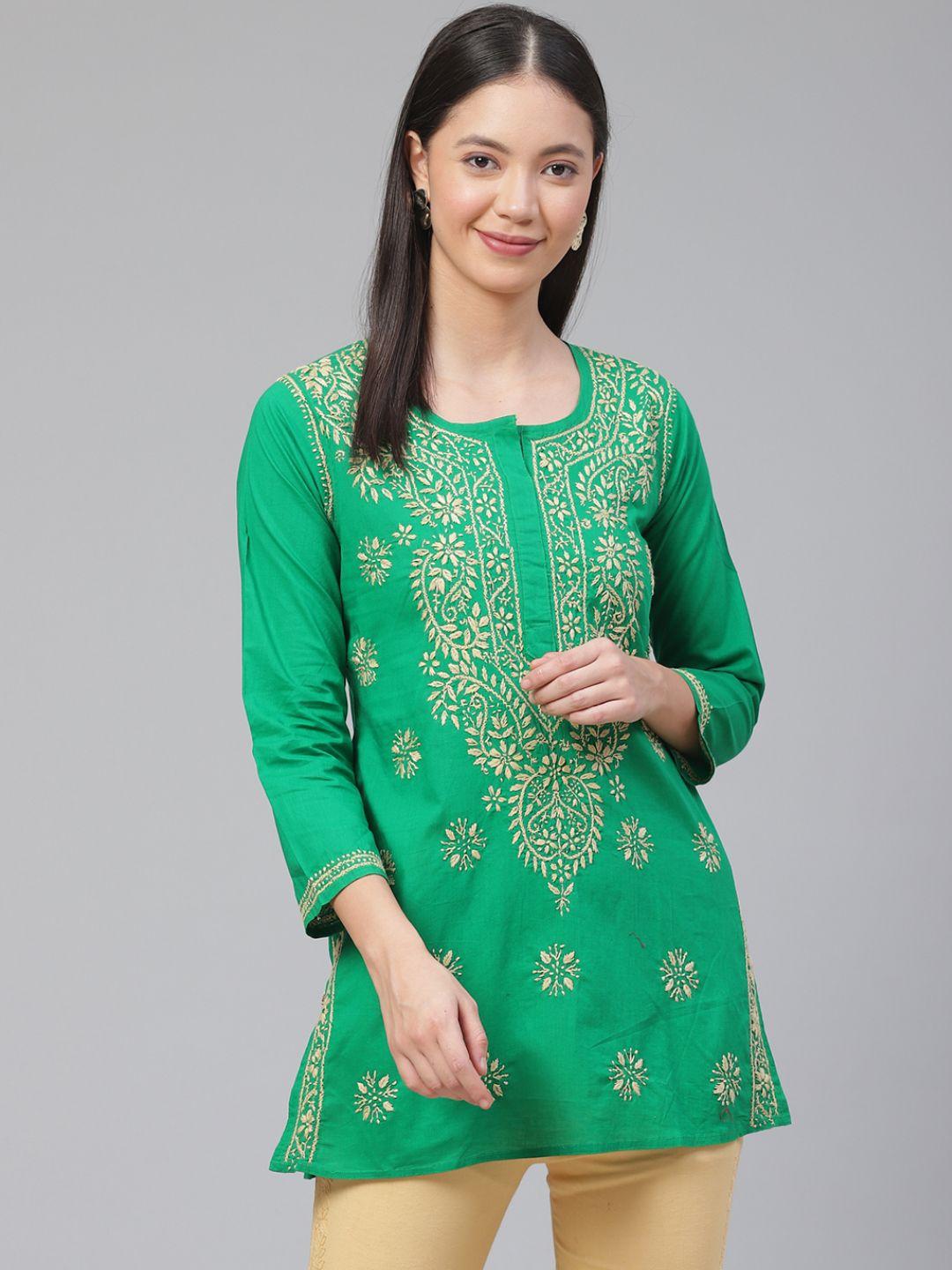 ada-women-green-&-beige-chikankari-embroidered-pure-cotton-straight-sustainable-handloom-kurti