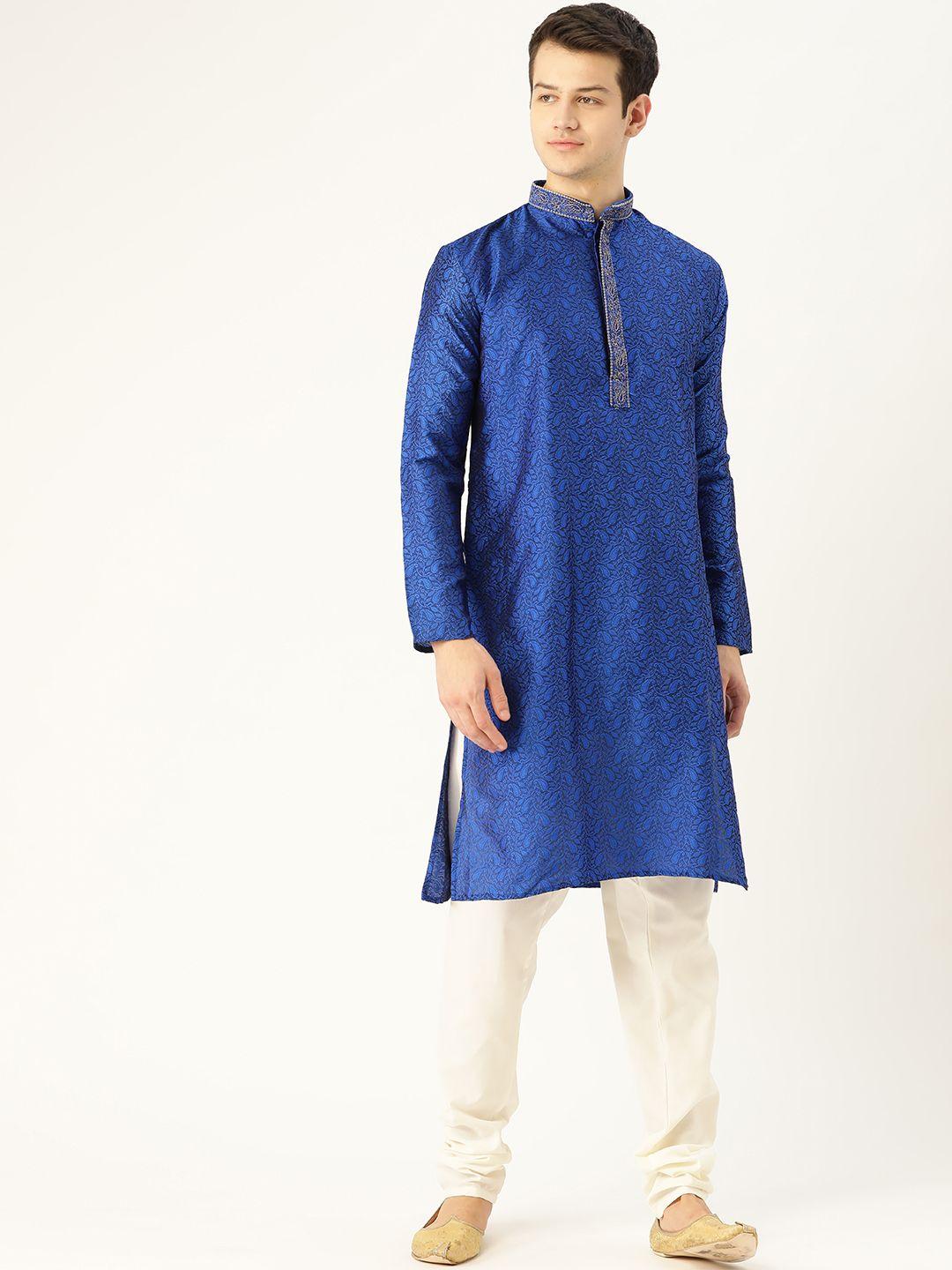 sojanya-men-blue-&-off-white-self-design-kurta-with-churidar