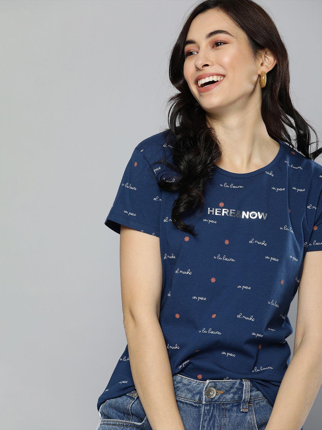 herenow-women-navy-blue-printed-round-neck-pure-cotton-t-shirt