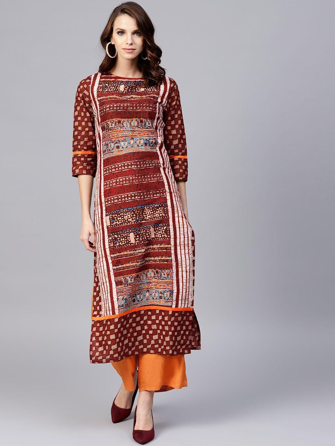 jaipur-kurti-women-rust-red-&-beige-printed-straight-kurta