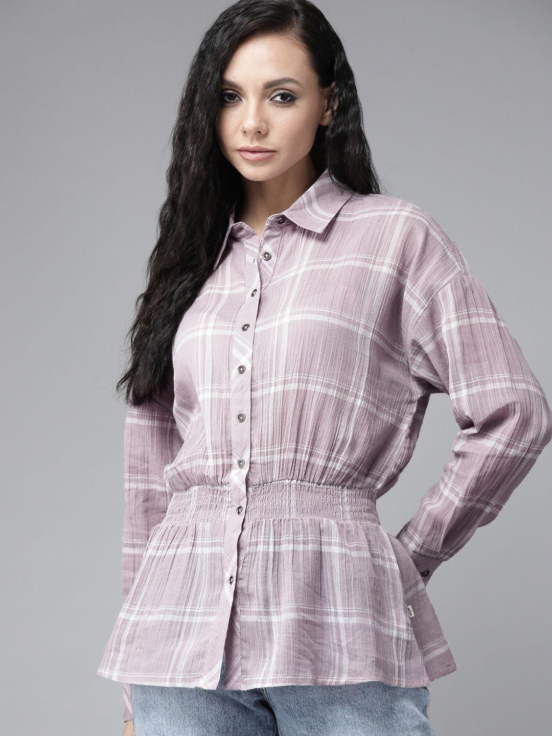 the-roadster-lifestyle-co-women-lavender-&-white-checked-pure-cotton-cinched-waist-casual-shirt