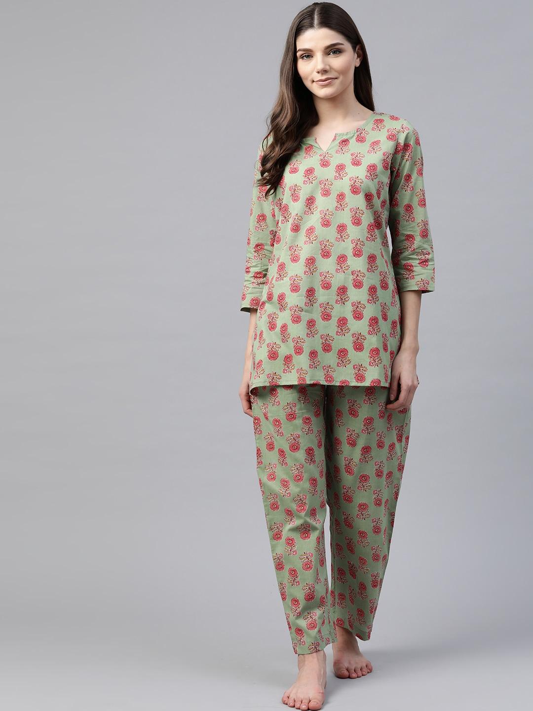 divena-women-green-&-coral-pink-pure-cotton-printed-night-suit