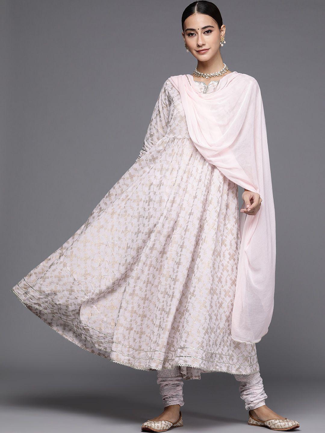 libas-women-off-white-ethnic-motifs-printed-pleated-pure-cotton-kurta-with-churidar-&-with-dupatta