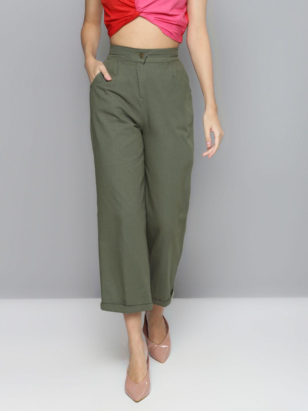 sassafras-women-olive-green-pure-cotton-straight-trousers