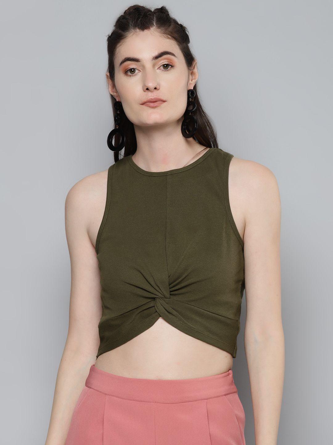 sassafras-women-olive-green-ribbed-twisted-fitted-crop-top
