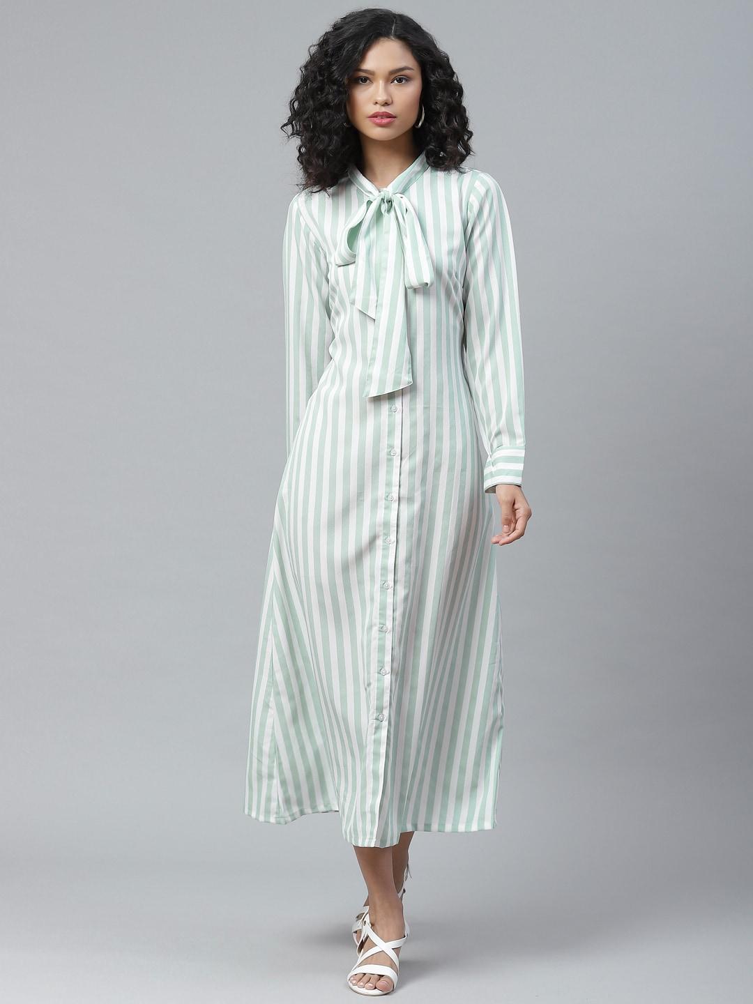 pluss-catchy-white-and-green-striped-midi-shirt-dress