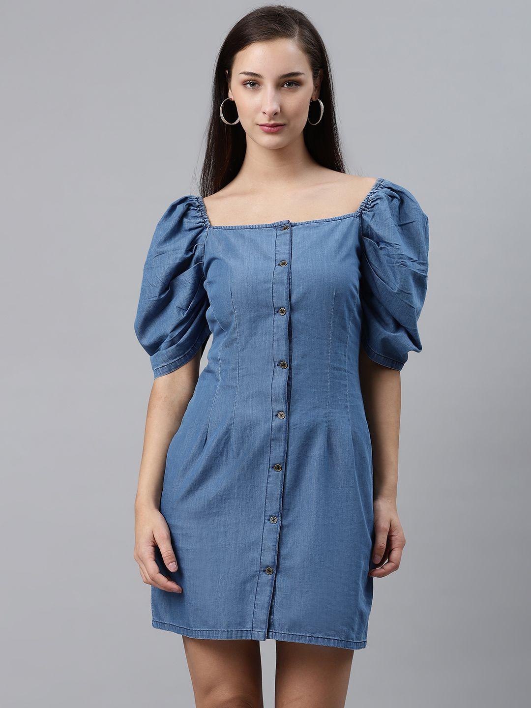 pluss-women-blue-solid-denim-sheath-dress