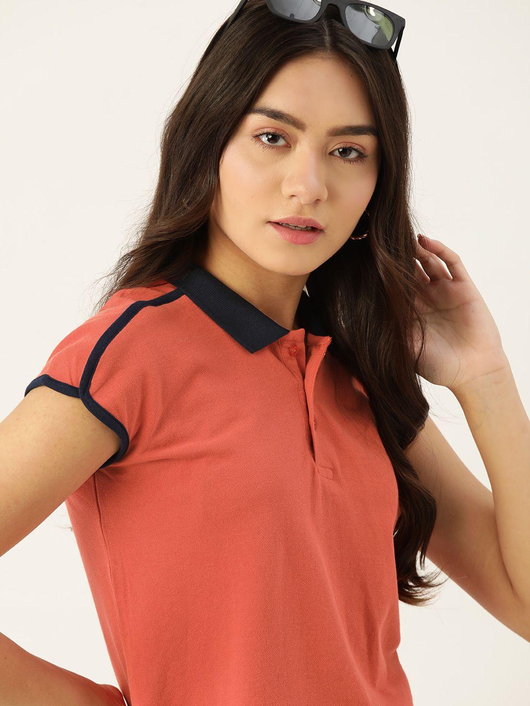 dressberry-women-peach-coloured-pure-cotton-polo-collar-extended-sleeves-t-shirt