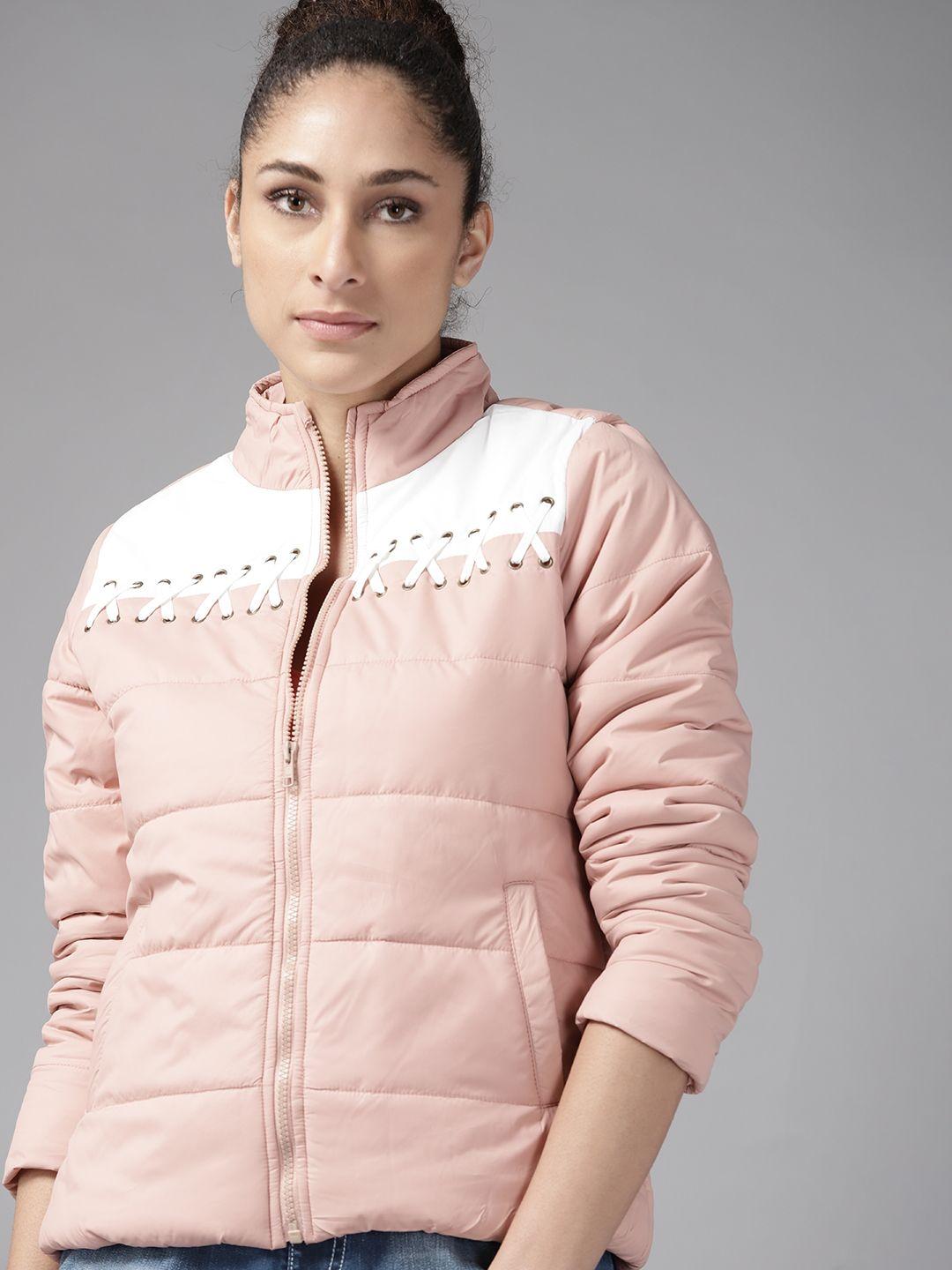 roadster-women-peach-coloured-white-padded-jacket