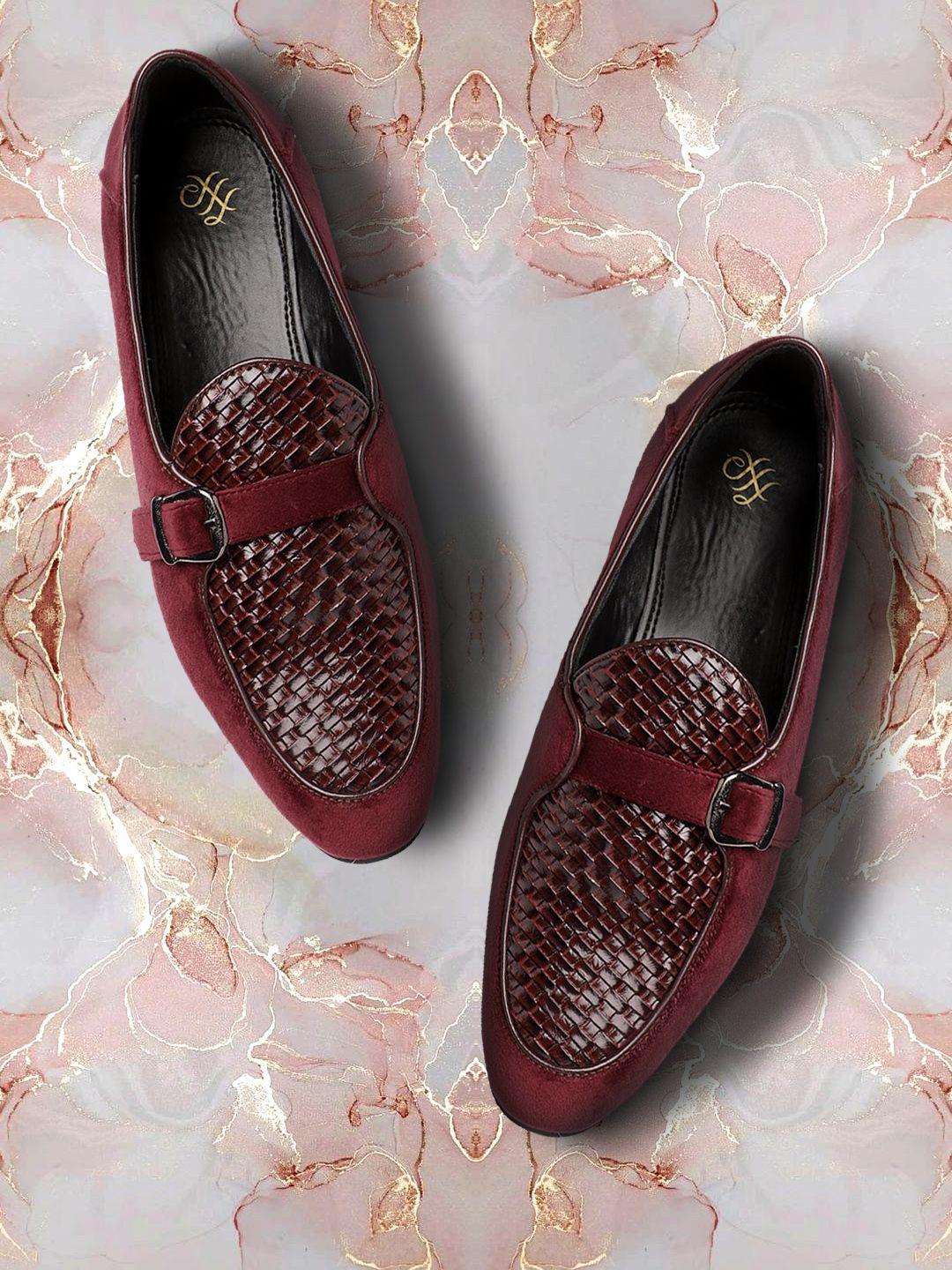 house-of-pataudi-men-burgundy-&-brown-basketweave-textured-handcrafted-leather-loafers