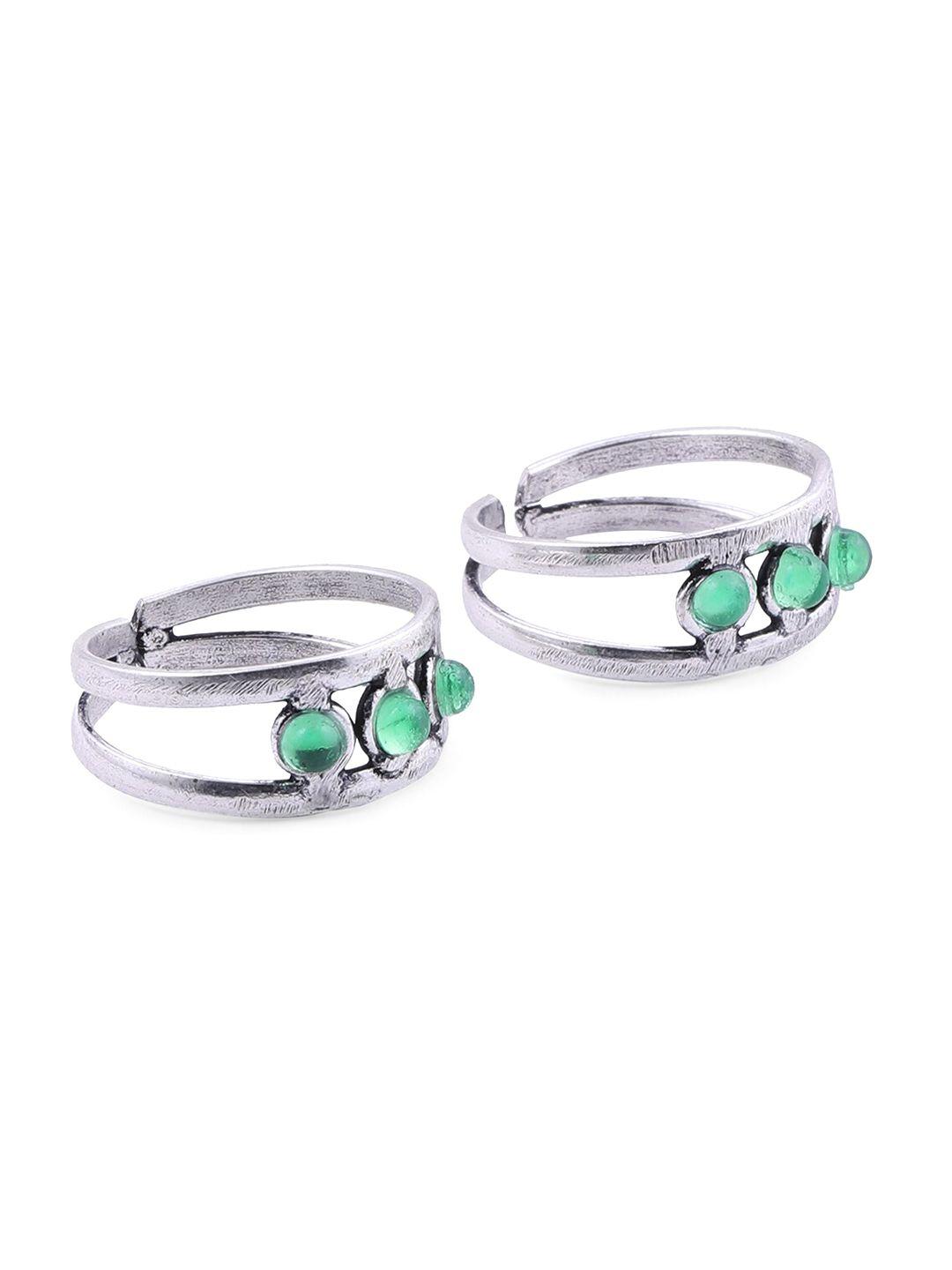 binnis-wardrobe-set-of-2-silver-toned-&-green-stone-studded-adjustable-toe-rings