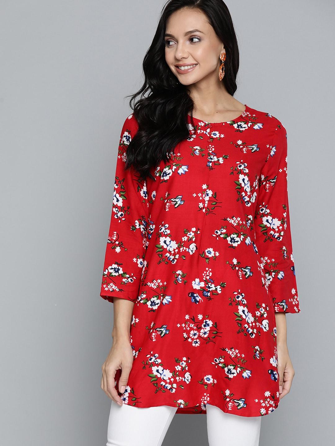 here&now-red-&-white-floral-printed-straight-kurti