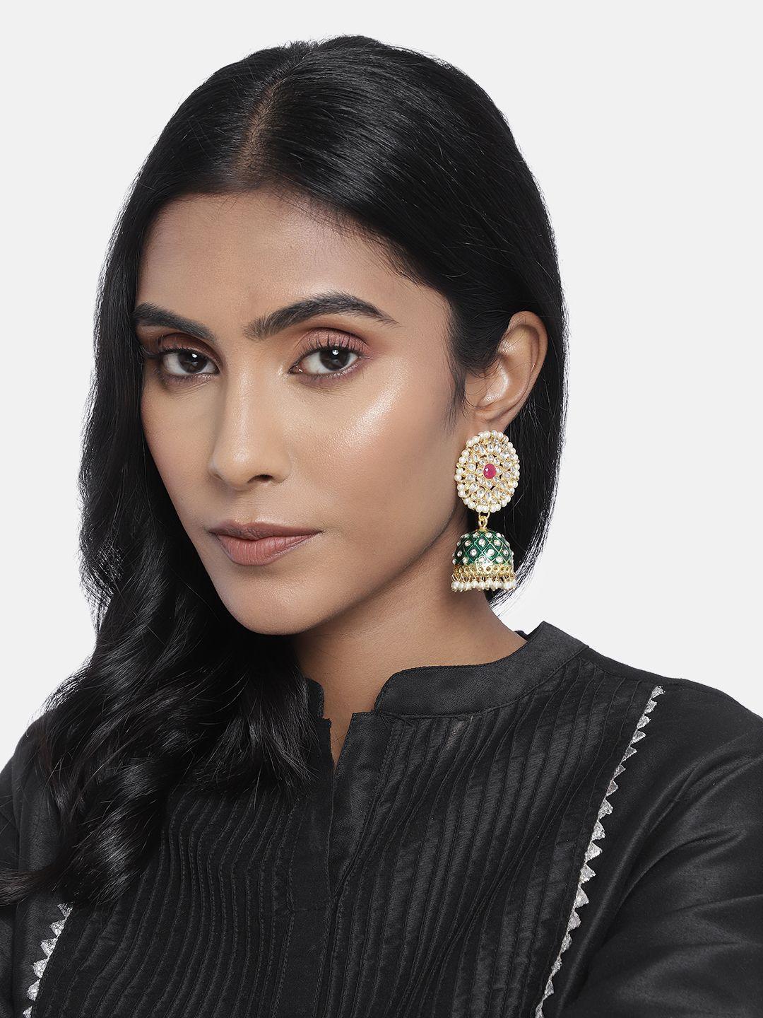 i-jewels-green-gold-plated-kundan-pearl-studded-enamelled-dome-shaped-jhumkas-earrings