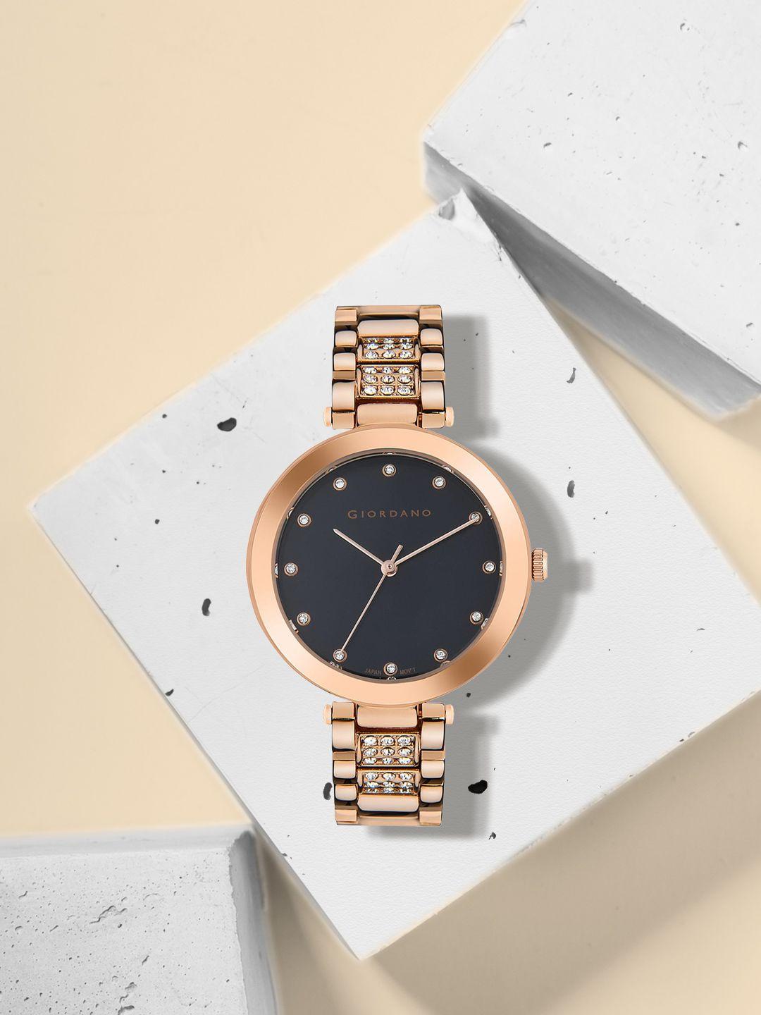 giordano-women-black-embellished-dial-&-rose-gold-toned-stainless-steel-bracelet-style-straps-analogue-watch