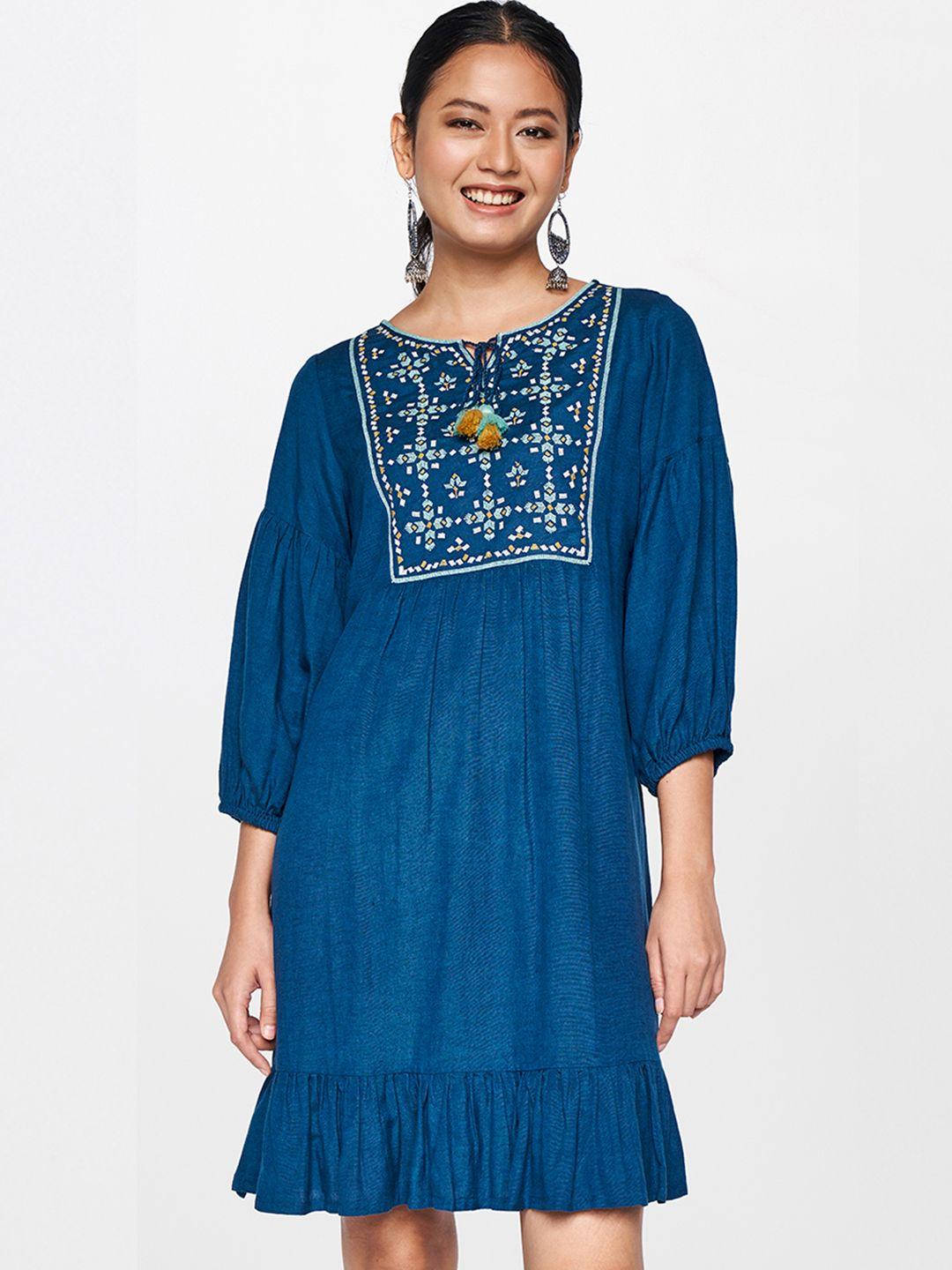 global-desi-blue-embroidered-flounce-a-line-dress