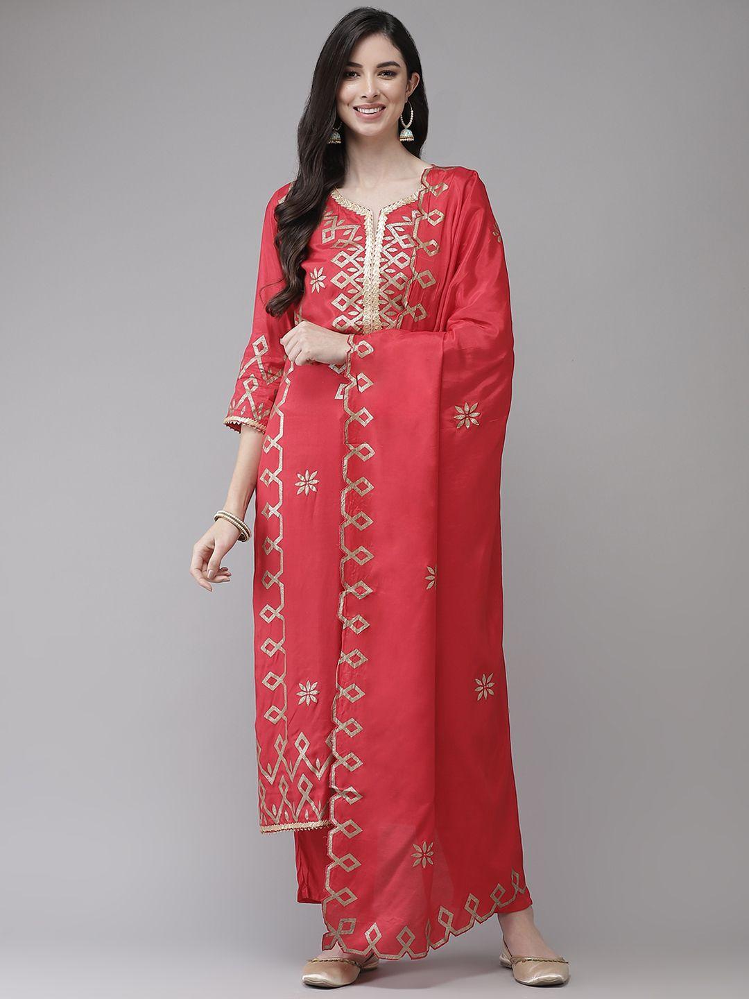 ishin-women-red-ethnic-motifs-printed-regular-gotta-patti-kurta-with-trousers-&-with-dupatta