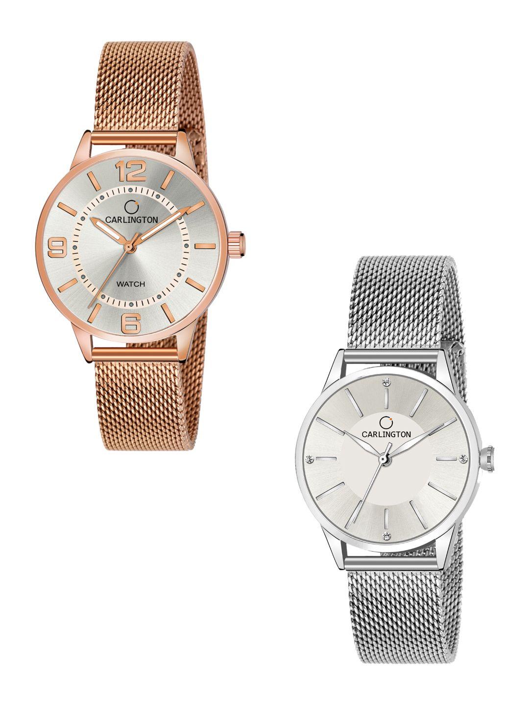 carlington-women-set-of-2-multicoloured-dial-&-stainless-steel-bracelet-straps-analogue-watch-ct2002-rosewhite-ct2004-silver