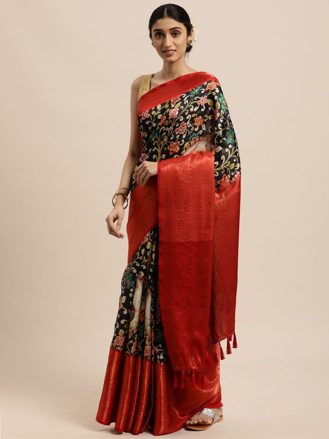 vastranand-black-&-red-kalamkari-zari-silk-blend-kanjeevaram-saree
