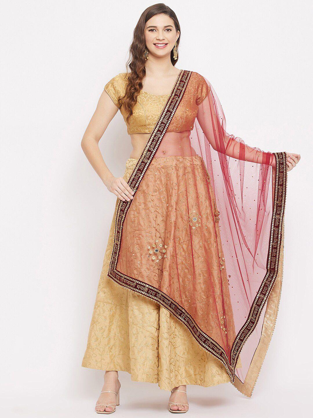 clora-creation-maroon-&-gold-coloured-ethnic-embroidered-dupatta-with-beads-and-stones
