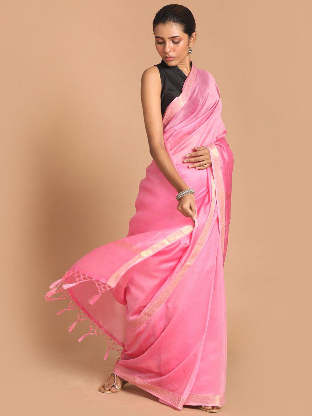 indethnic-pink-&-gold-toned-zari-silk-cotton-banarasi-saree